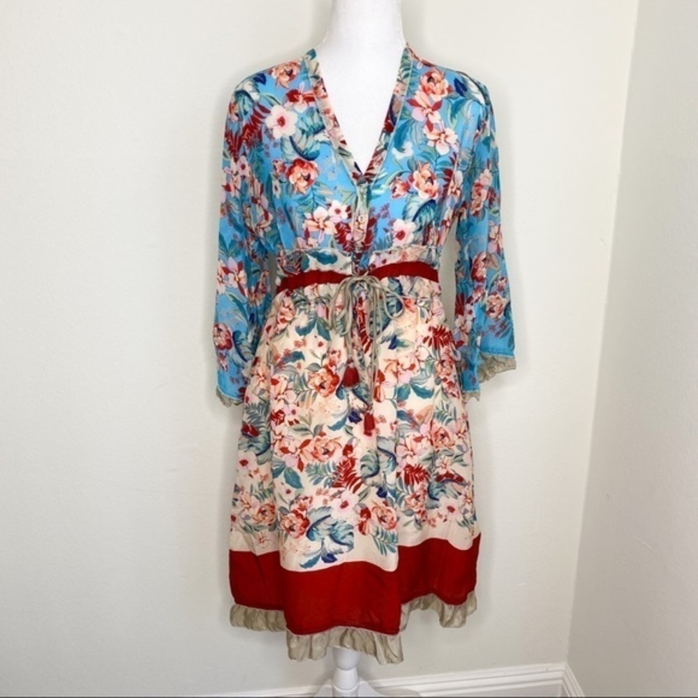 Johnny Was long sleeves floral adjustable waist tie button front closure dress - Picture 4 of 15